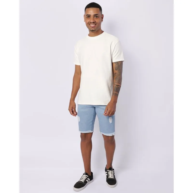 Bermuda Jeans Masculina Reta Com Destroyeds Azul 44