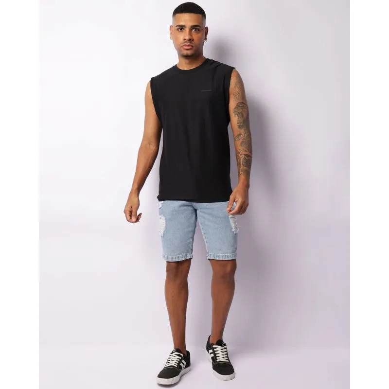 Bermuda Jeans Masculina Reta Com Puídos Azul 42