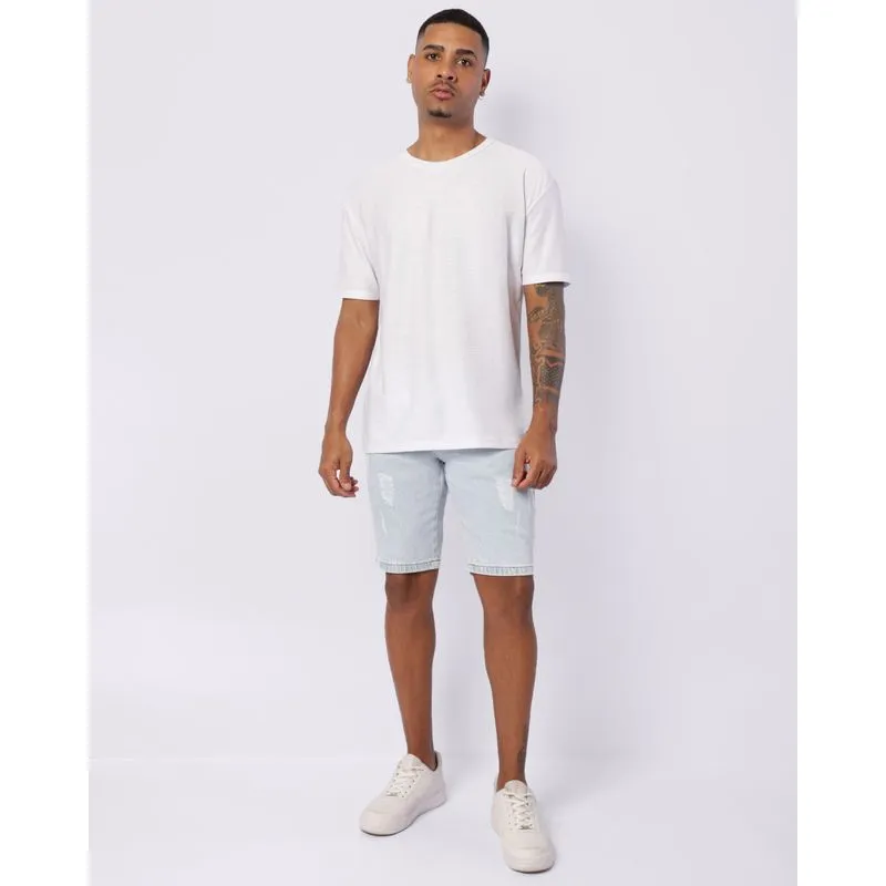 Bermuda Jeans Masculina Reta Com Puídos Azul 38