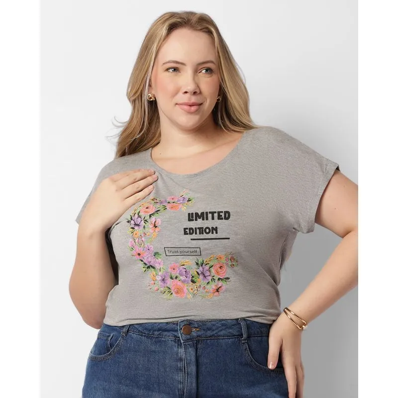 Blusa Plus Size Feminina Manga Curta Estampa Floral Cinza G1