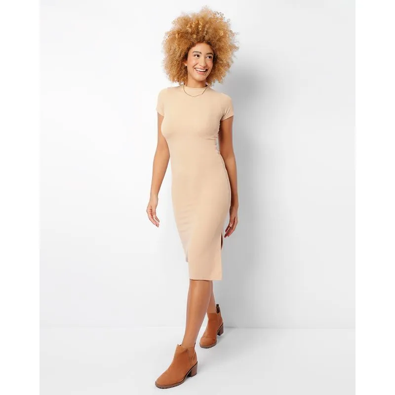 Vestido Feminino Midi Canelado Com Fenda Bege M
