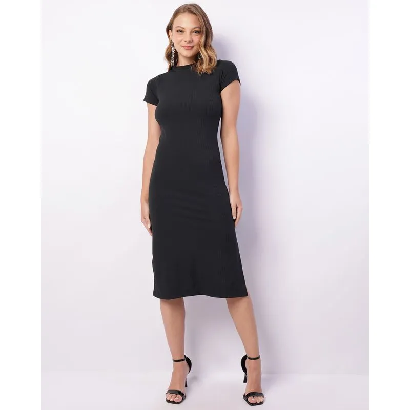 Vestido Feminino Midi Canelado Com Fenda Preto GG