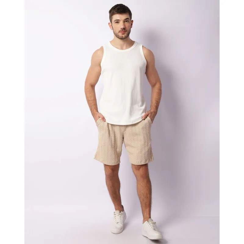 Bermuda Masculina Reta Tricô Com Bolsos e Cordão Bege P