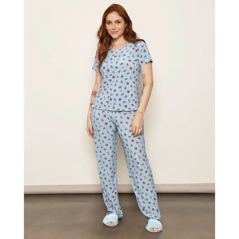 Pijama Feminino Liganete Estampado Longo Azul G