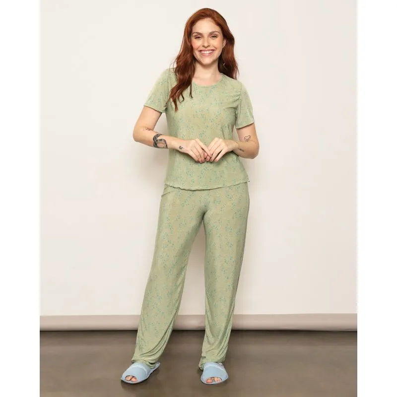 Pijama Feminino Liganete Estampado Longo Verde P