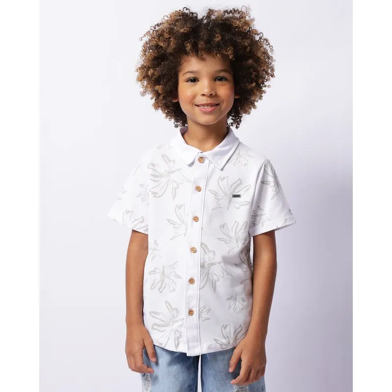 Camisa Infantil Texturizada Manga Curta Estampa Tropical Branca 6