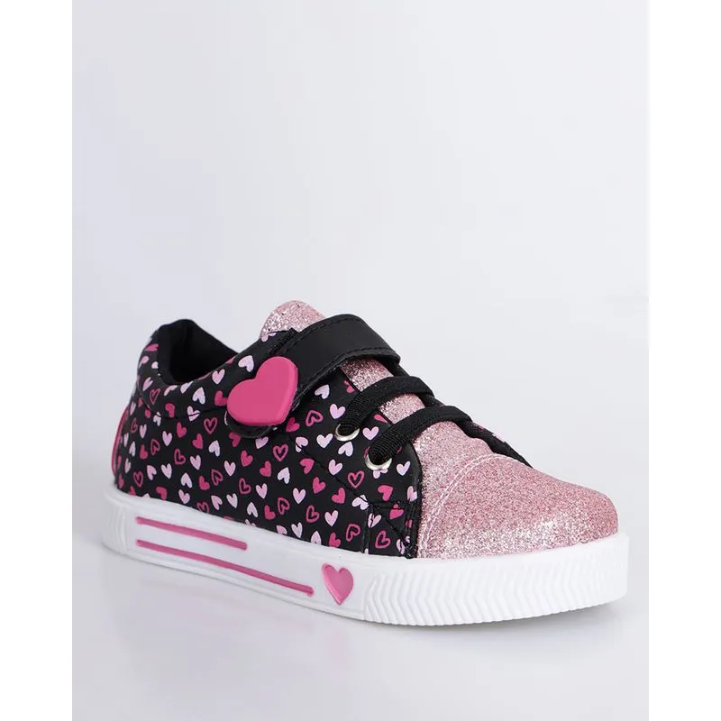 Tênis Infantil Casual Estampa Coração Com Glitter Preto 26