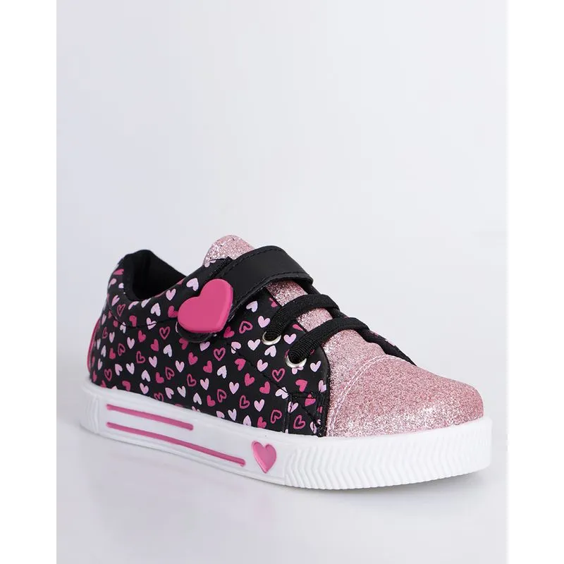 Tênis Infantil Casual Estampa Coração Com Glitter Preto 27