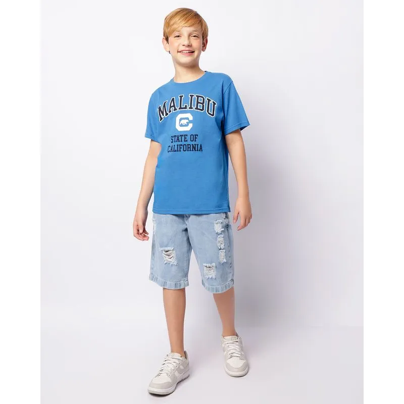 Bermuda Jeans Juvenil Reta Com Destroyed Azul 10