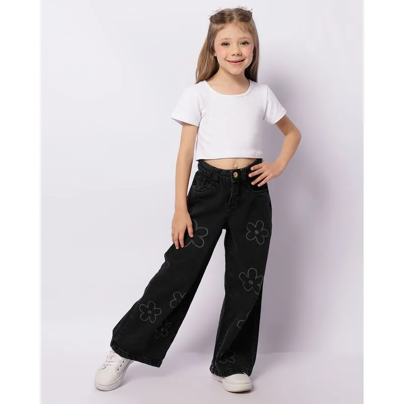 Calça Jeans Infantil Wide Leg Estampa Frontal Preta 8