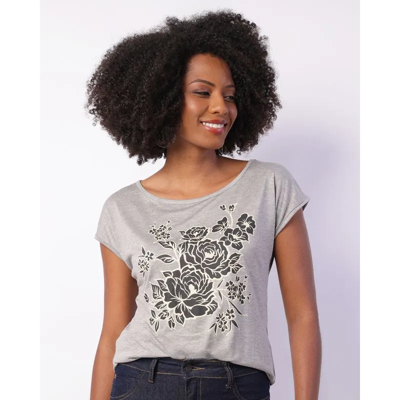 Blusa Feminina Viscose Manga Curta Estampa Frontal Cinza P