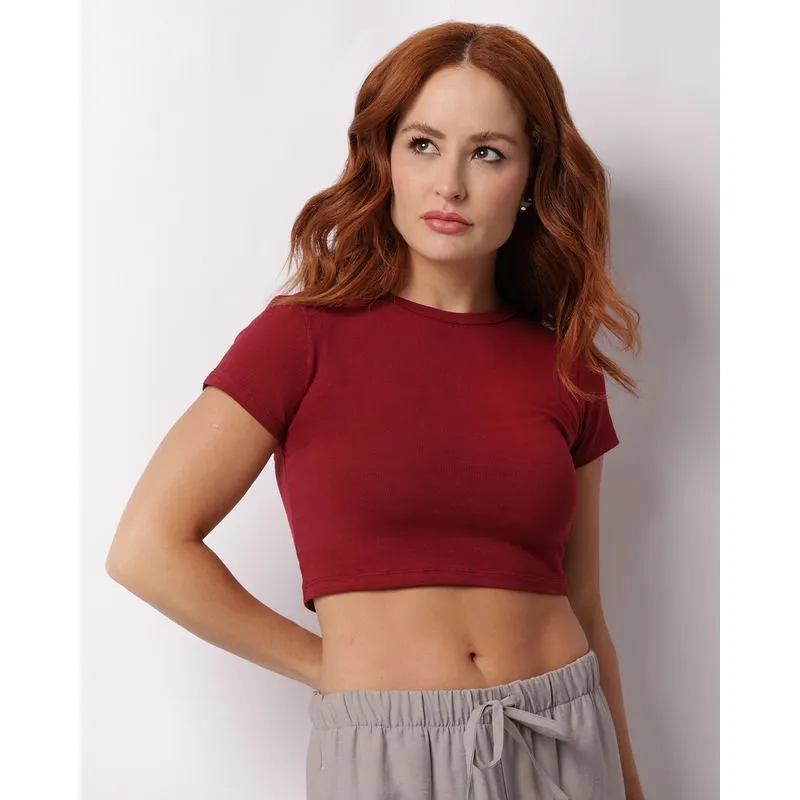 Blusa Feminina Cropped Manga Curta Básica Vinho P