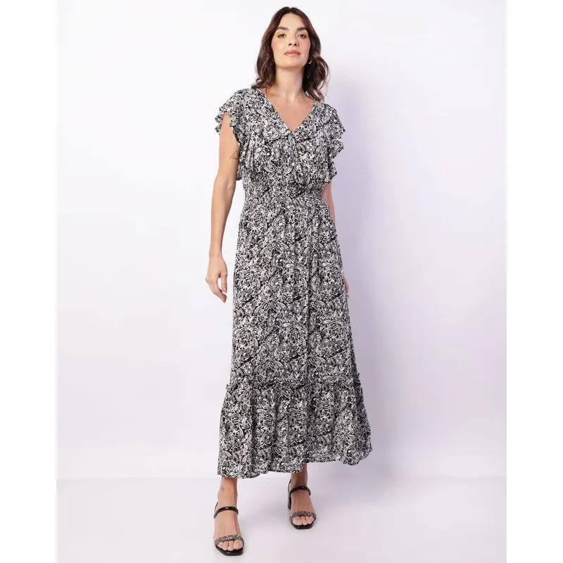 Vestido Feminino Viscose Midi Lastex Com Babado Estampado Preto P