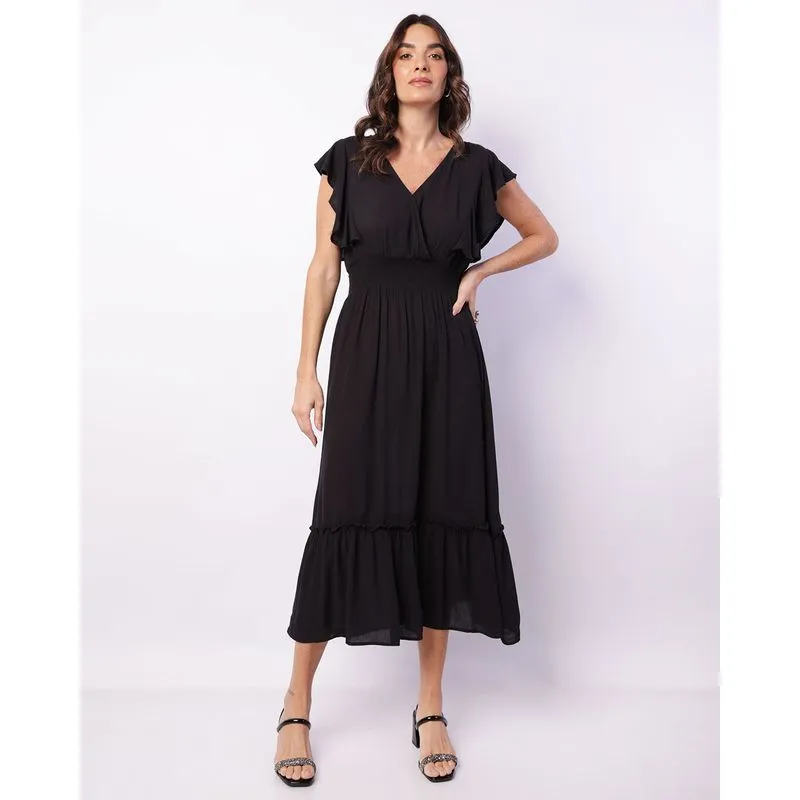 Vestido Feminino Viscose Midi Lastex Com Babado Preto P
