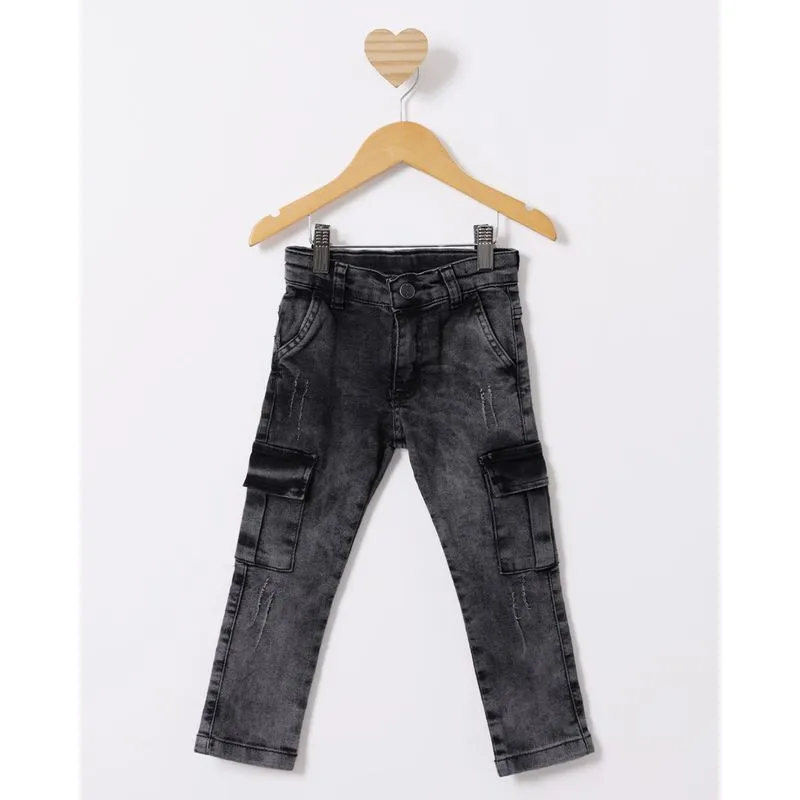 Calça Jeans Bebê Skinny Com Bolso Cargo Marmorizada Preta 3