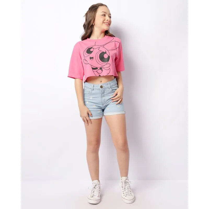 Short Jeans Juvenil Bordado Floral Barra Dobrada Azul 16