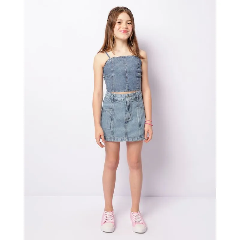 Short Saia Jeans Juvenil Curto Com Bolso Frontal Azul 14