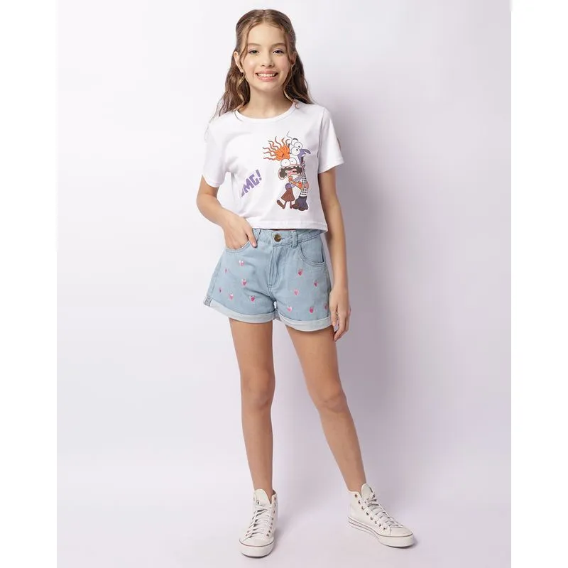 Short Jeans Juvenil Curto Bordado Coração Azul 10