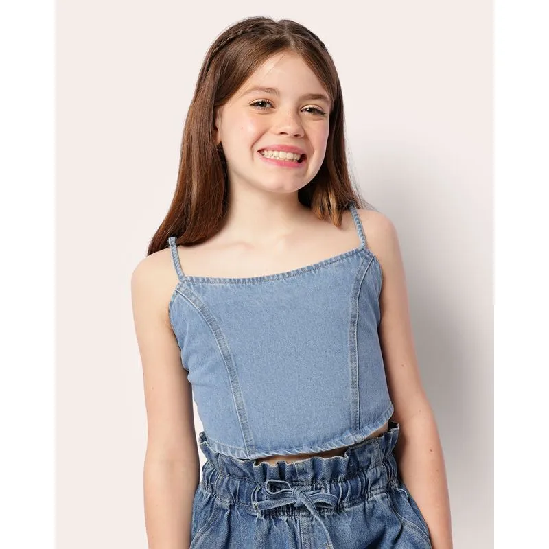 Regata Jeans Juvenil Cropped Alcinha Com Recorte Azul 16
