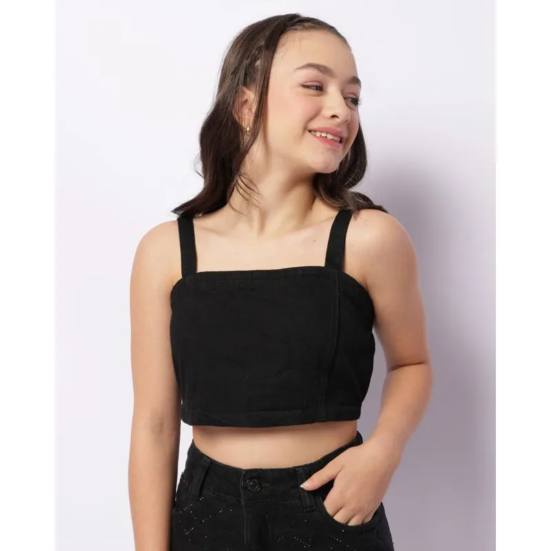 Regata Jeans Juvenil Cropped Com Recorte E Lastex Preta 10