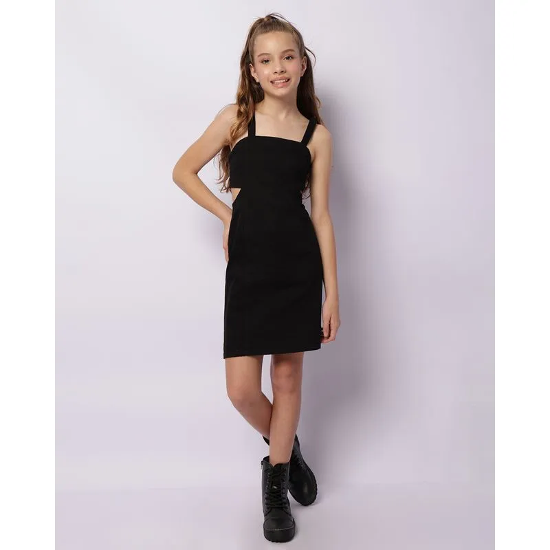 Vestido Juvenil Curto Sarja Com Recorte Vazado Preto 10