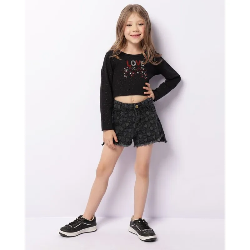 Short Jeans Infantil Curto Estampa Corações Preto 4