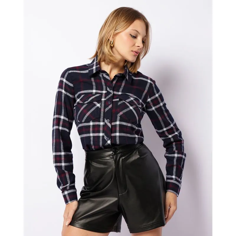 Camisa Feminina Flanelada Xadrez Com Bolsos Azul P