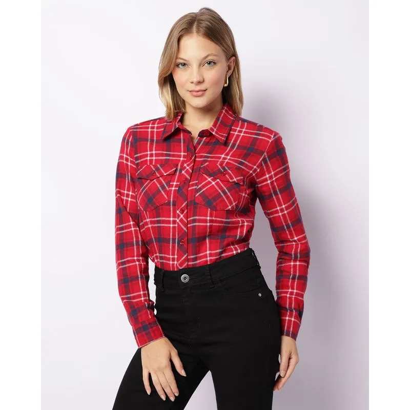 Camisa Feminina Flanelada Xadrez Com Bolsos Vermelho P