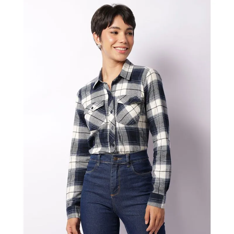Camisa Feminina Manga Longa Estampa Xadrez Cinza G