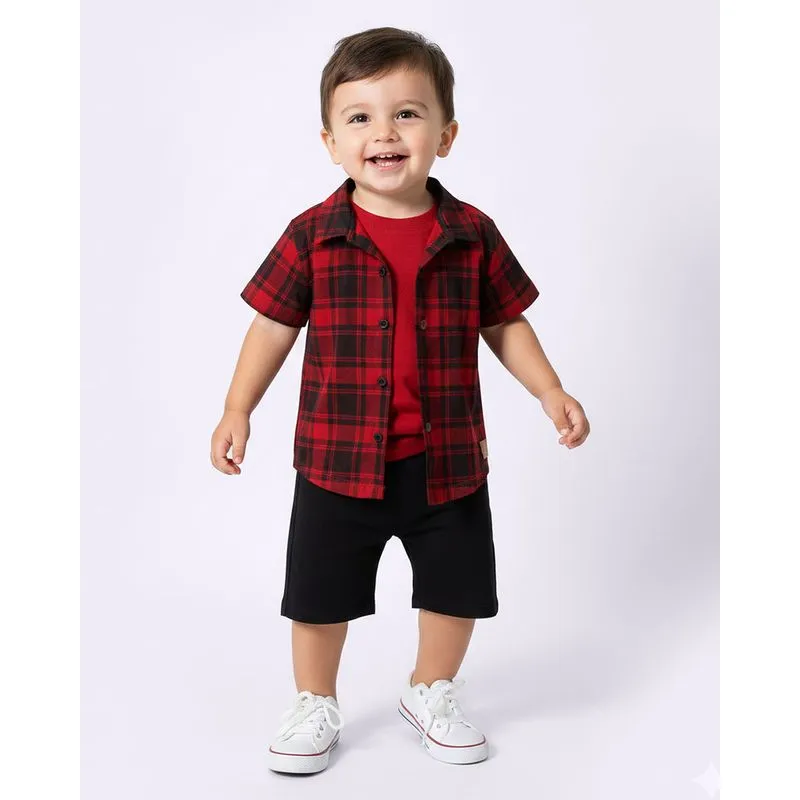 Camisa Bebê Manga Curta Estampa Xadrez Vermelha 2