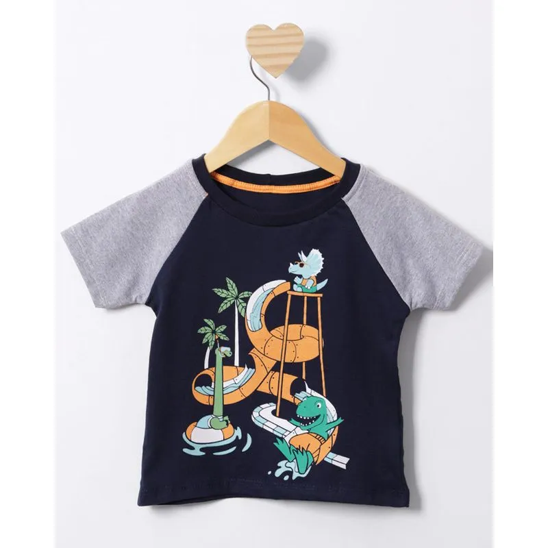Camiseta Bebê Estampa Dinossauros Manga Curta Raglan Marinho 1