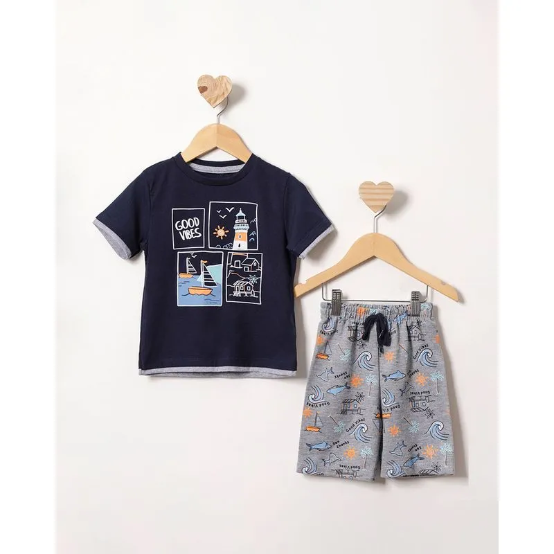 Conjunto Bebê Curto Estampa Praia Marinho 2