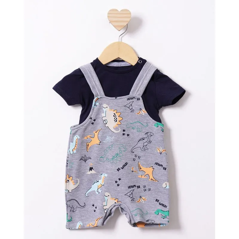 Conjunto Jardineira Bebê Moletinho Estampa Dinossauros Cinza G