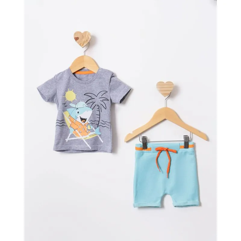 Conjunto Bebê Estampa Tubarão Manga Curta Cinza M