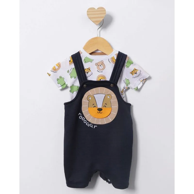Conjunto Jardineira Bebê Moletinho Curta Estampa Leão Marinho M