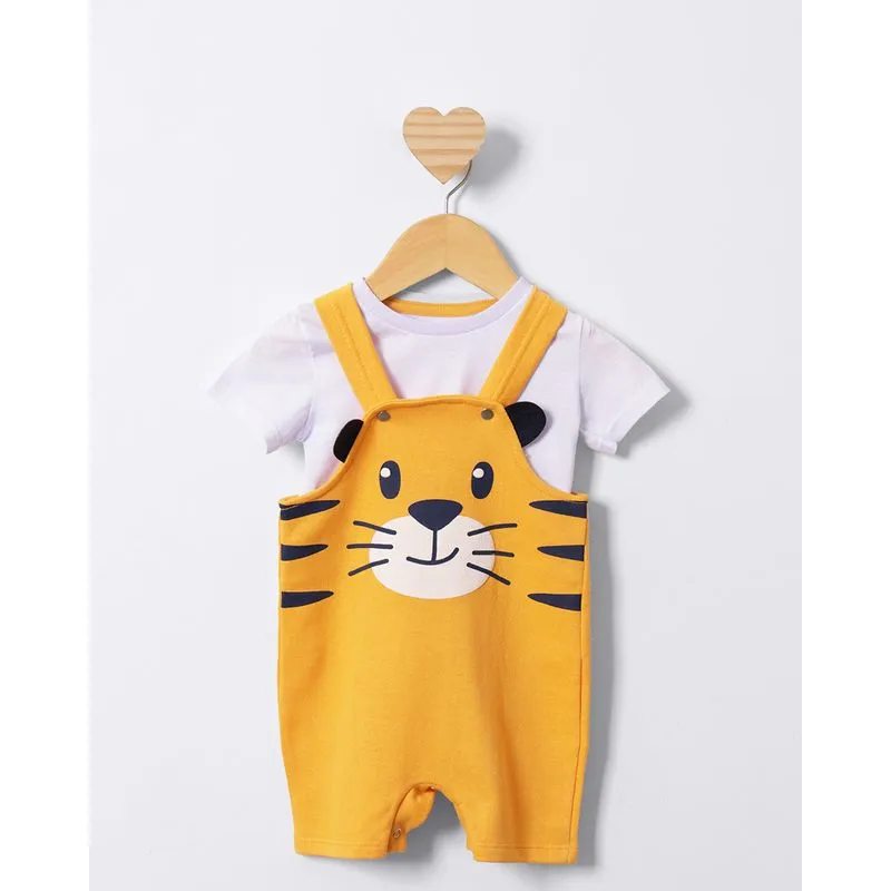Conjunto Jardineira Bebê Moletinho Estampa Tigre Mostarda M