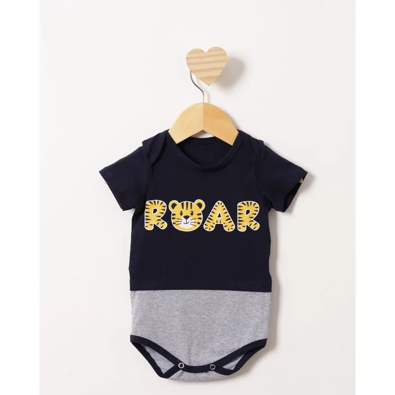 Body Bebê Estampa Tigre Roar Manga Curta Azul Marinho P