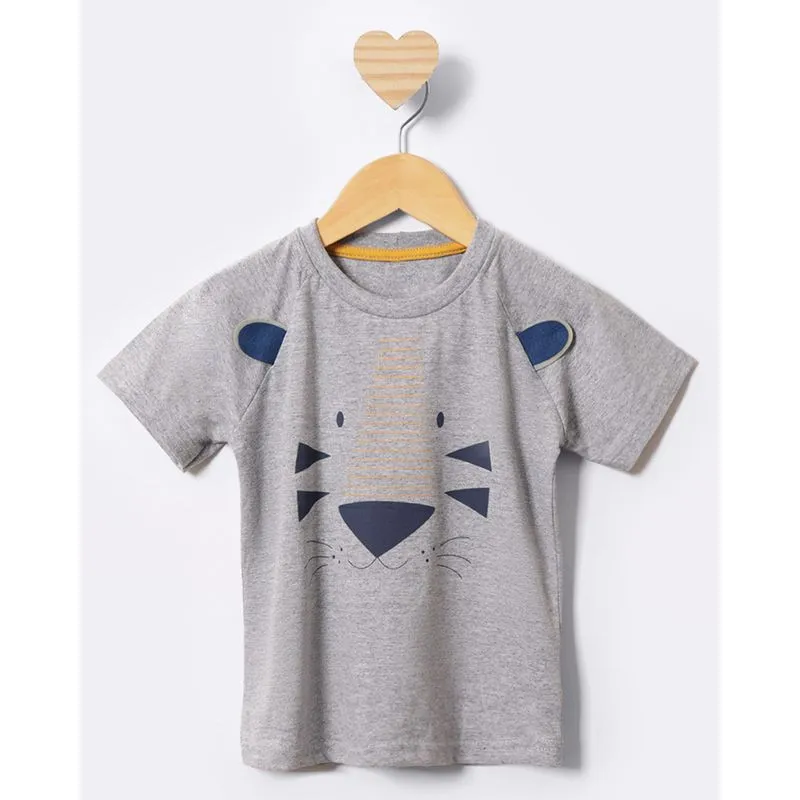 Camiseta Bebê Estampa Tigrinho Interativa Manga Curta Raglan Cinza 3