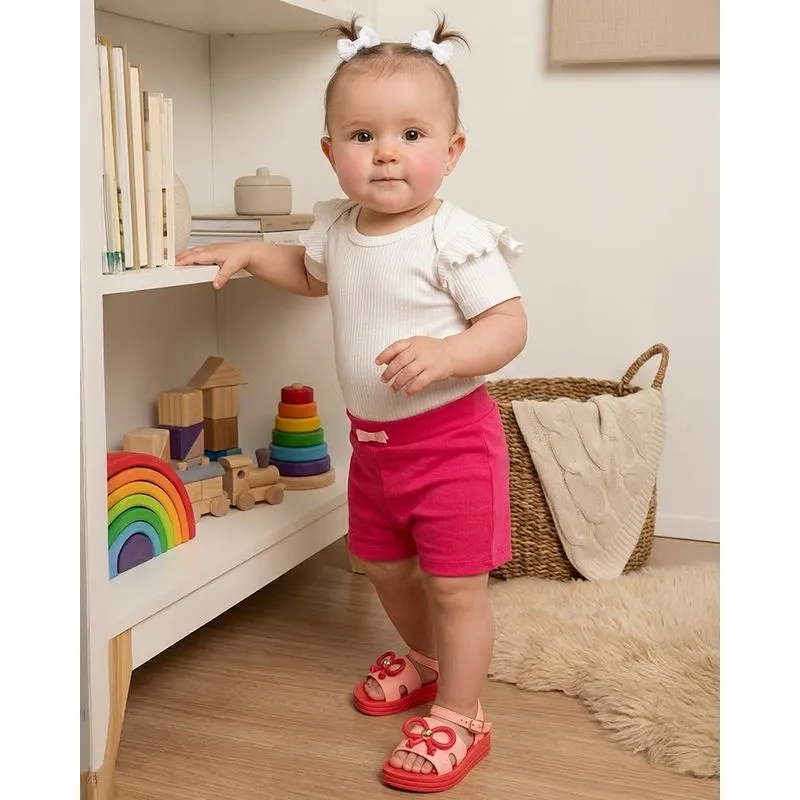 Short Bebê Moletinho Lacinho Decorativo Rosa Escuro G