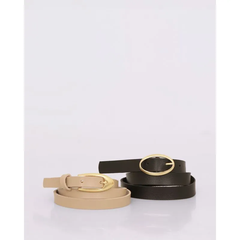 Kit 2 Cintos Feminino Slim Com Fivela Bege E Preto G