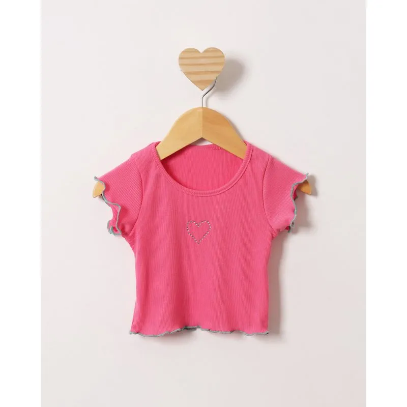 Blusa Bebê Manga Curta Canelada Com Strass Rosa 1