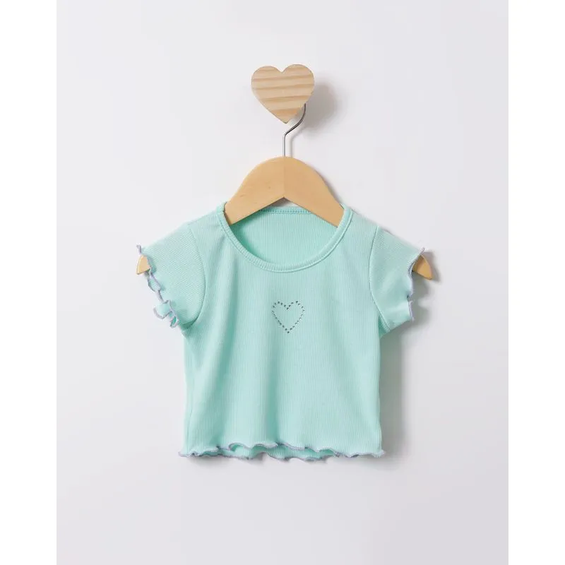 Blusa Bebê Manga Curta Canelada Com Strass Verde 2