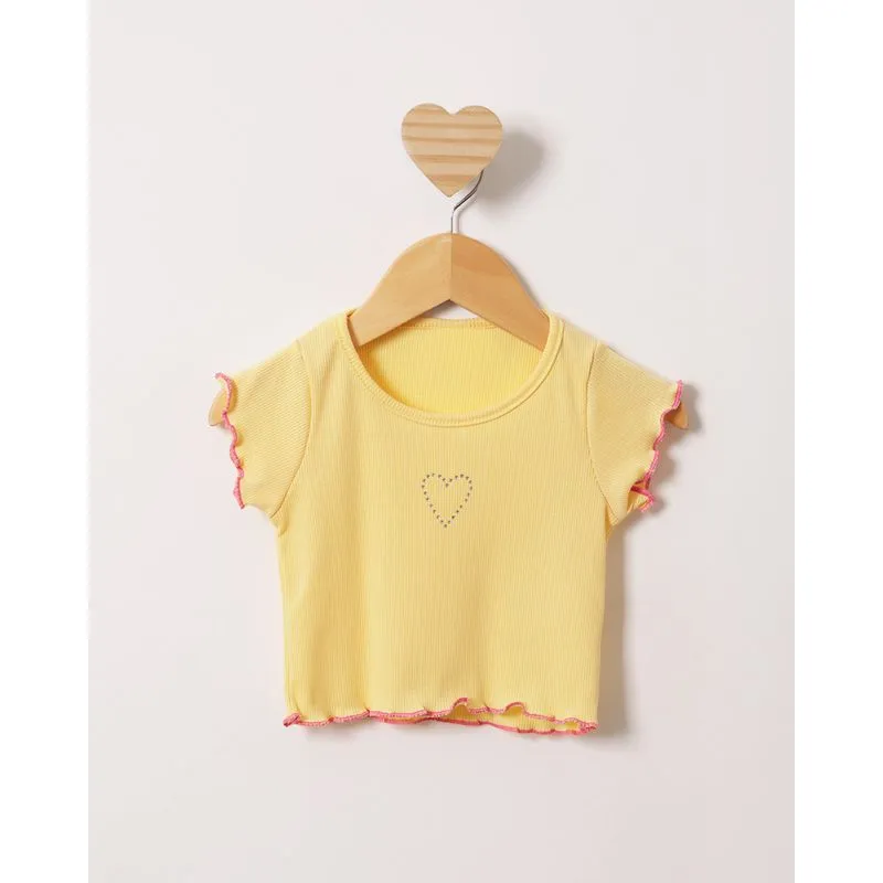 Blusa Bebê Manga Curta Canelada Com Strass Amarela 2