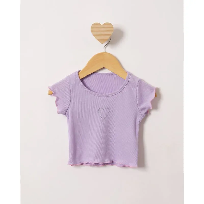 Blusa Bebê Manga Curta Canelada Com Strass Lilás 3