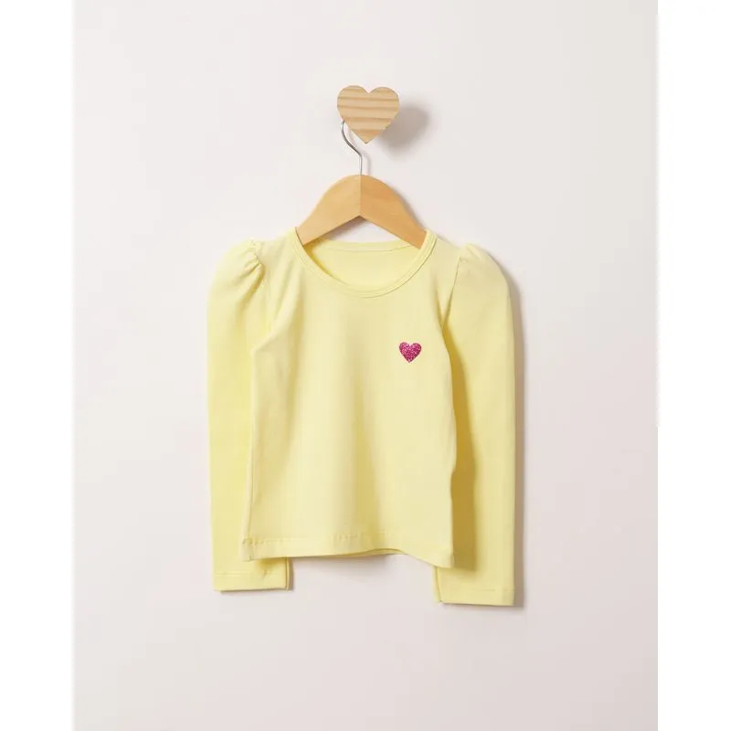 Blusa Bebê Estampa Coração Com Glítter Manga Longa Bufante Amarela 3