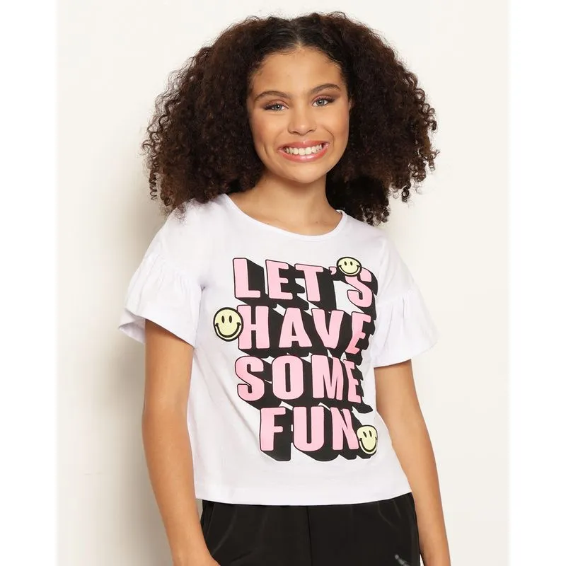 Blusa Juvenil Estampa Smilie Manga Curta Com Babado Branca 10
