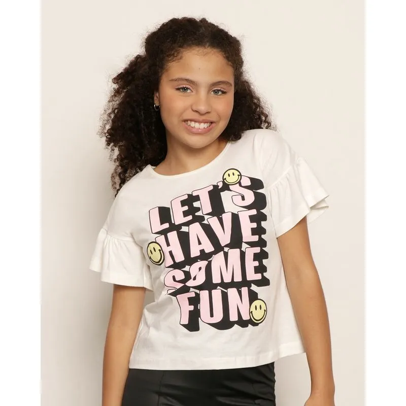 Blusa Juvenil Estampa Smilie Manga Curta Com Babado Off White 12
