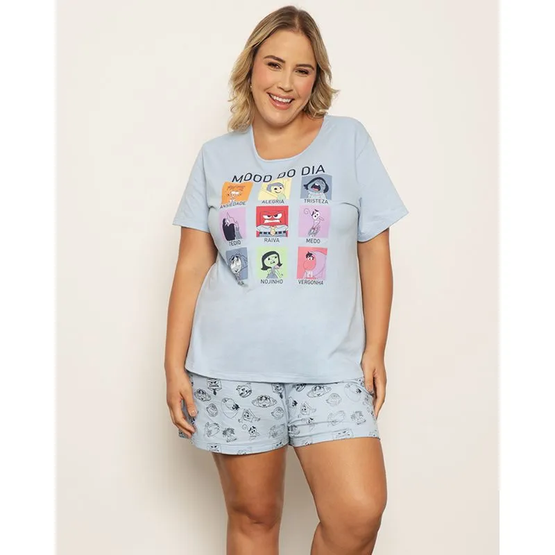 Pijama Plus Size Feminino Curto Disney Estampa Divertida-Mente Azul 50