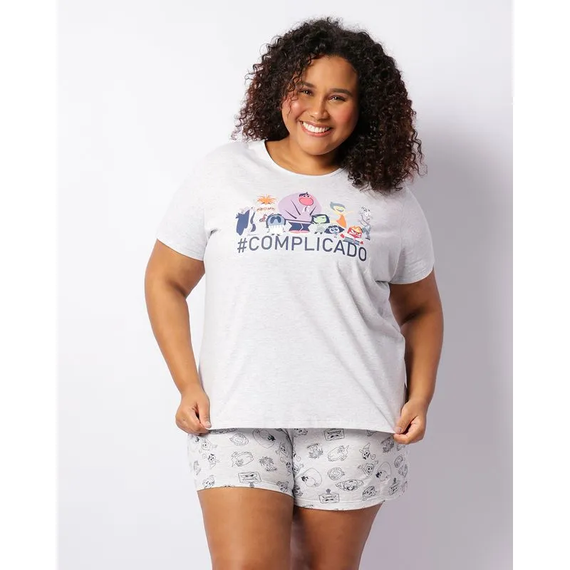 Pijama Plus Size Feminino Curto Disney Estampa Divertida-Mente Cinza 52