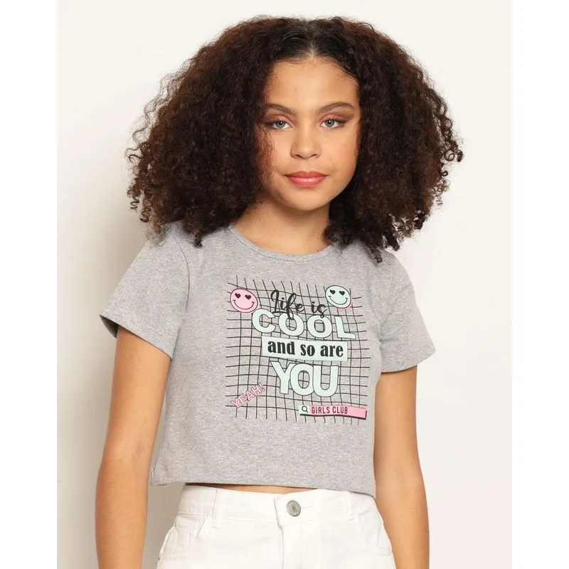 Blusa Cropped Juvenil Estampa Smilie Manga Curta Cinza 10